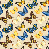 Butterflies on isolated beige background. Watercolor illustration. Seamless pattern. Design for fashion, fabric, textile