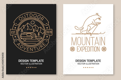 Set of Line art flyer, brochure, banner, poster with camper trailer and mountain Family vacation, activity or travel. Vector. Mountain expedition concept with wolf.