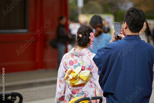 Back view of a woman wearing a yukata