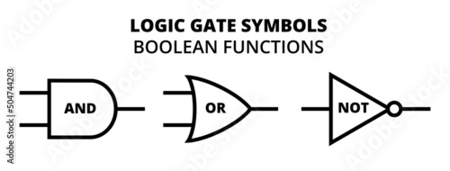 Vector set of three basic logic gate symbols. Boolean algebra and functions, boolean logic and operators. AND, OR, NOT. Line or outline black and white electronic circuit symbols isolated on white.