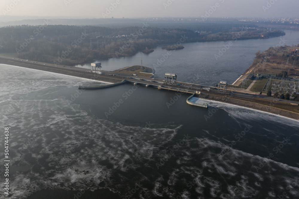 Aerial view of river dam in Kaunas