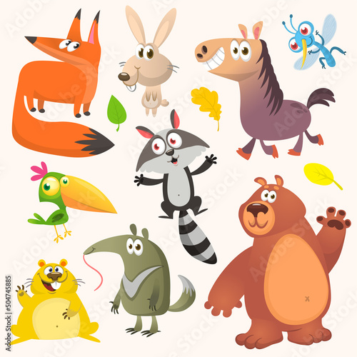 Set of funny animals isolated on white background. Cartoon fox ant-eater horse bunny raccoon hamster and bear. Vector illustration isolated