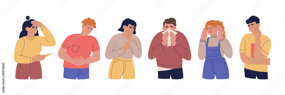 Set of peoples with different symptoms of diseases. Men and women with colds, toothache, stomachache, headache. Hand drawn color vector illustration isolated on white background. Flat cartoon style. Set of peoples with different symptoms of diseases. Men and women with colds, toothache, stomachache, headache. Hand drawn color vector illustration isolated on white background. Flat cartoon style.