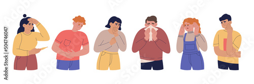 Set of peoples with different symptoms of diseases. Men and women with colds, toothache, stomachache, headache. Hand drawn color vector illustration isolated on white background. Flat cartoon style.