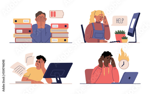 Set of people tired from hard work. Burnout concept. Men and women sit in the office, overworked and needs recharge. Hand drawn vector illustration isolated on white background. Flat style.