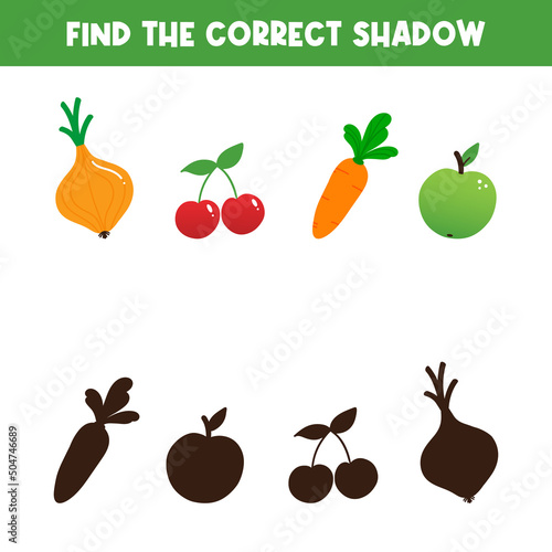Educational game for kids, children. Find the correct shadow of fruits. Game-based perception learning, guessing game. Vector printable illustration, page.