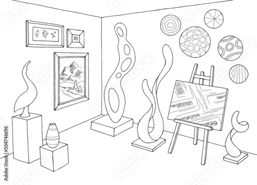Art store gallery graphic black white interior sketch illustration vector
