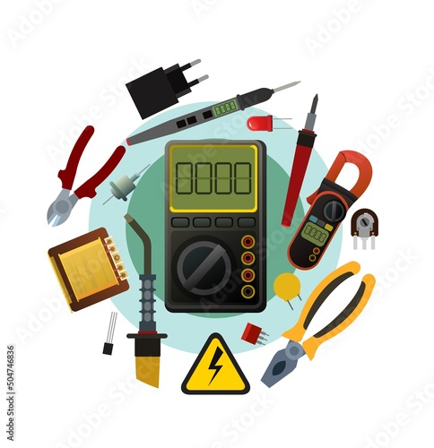 Tools for electrician. Repair of radio electronic and microprocessor equipment. Spare parts components and service. Isolated on white background. Single object icon. Vector