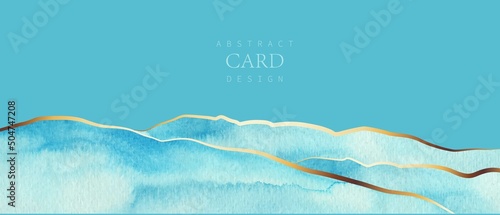 Blue, torquoise watercolor background. Kintsugi and golden marble. Abstract sea, montains, landscape art with golden lines.
