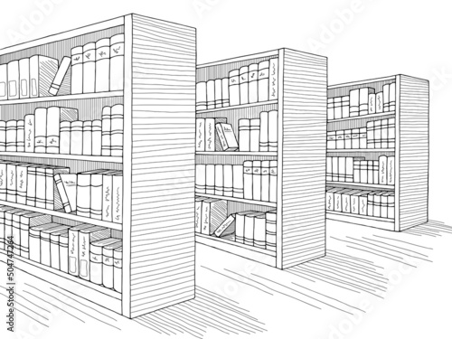 Library shelf graphic black white interior sketch illustration vector 