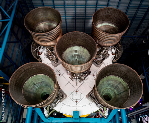 Cape Canaveral, FL - Sep 10 2021: The rocket boosters from the massive Saturn V rocket in the Kennedy Space Center  photo