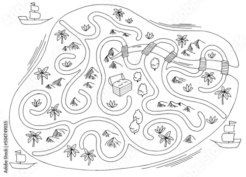 Treasure maze graphic black white sketch top aerial view illustration vector