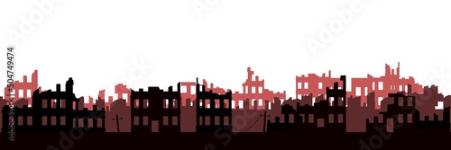 Ruined city. Apocalypse natural or war. Just cartoon style. Seamless horizontal composition. Isolated on white background. Sad landscape of destruction. Vector