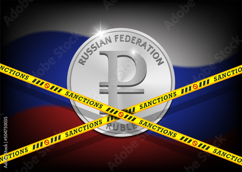 Political vector poster. Coin ruble of the Russian Federation, yellow ribbons with the inscription sanctions on the background of the flag of Russia