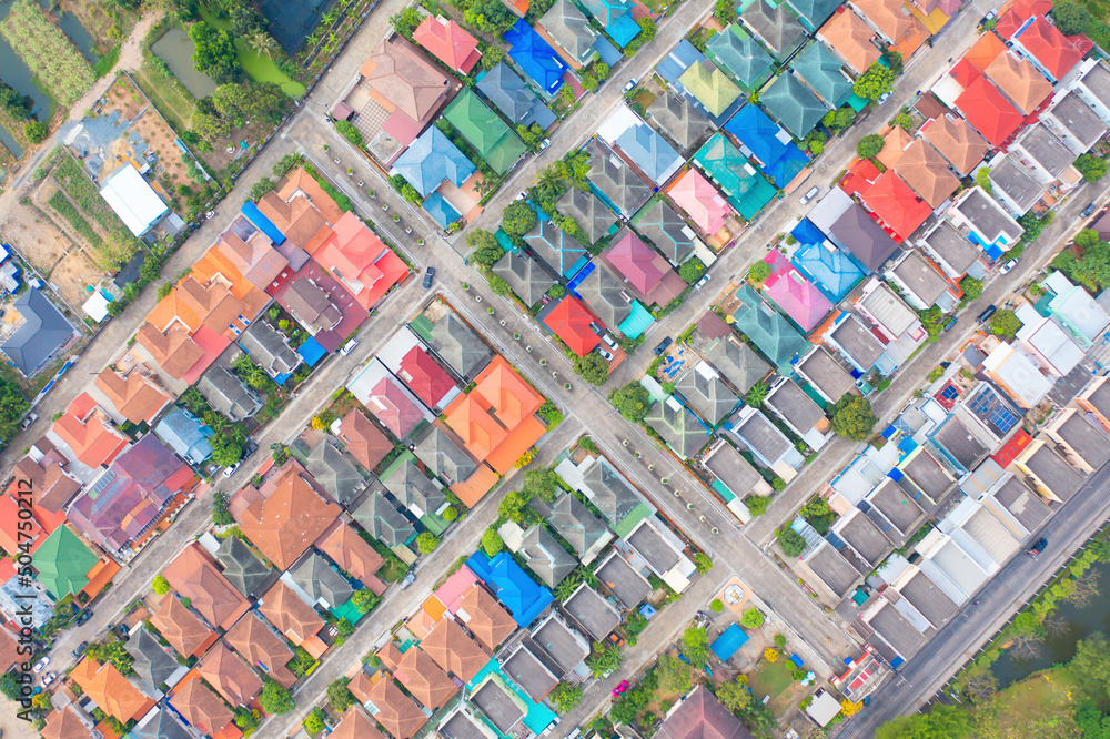 Aerial view of residential neighborhood. Urban housing development from above. Top view. Real estate in Bangkok City, Thailand. Property real estate.