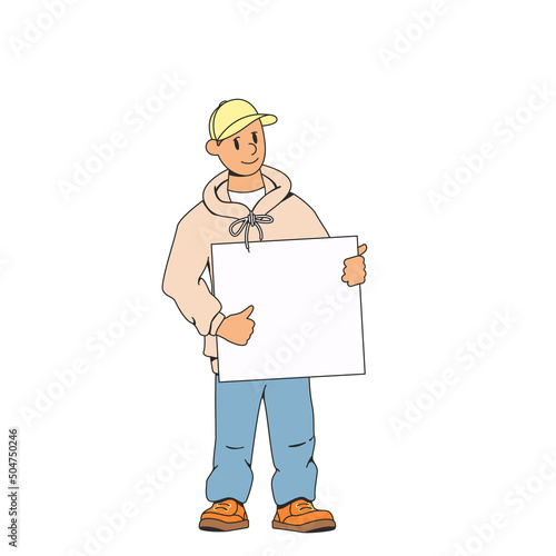A man holds an advertising banner for text in front of him and shows a thumbs up.The concept of advertising or other information.Stock vector illustration of a man with a poster.Isolated background.