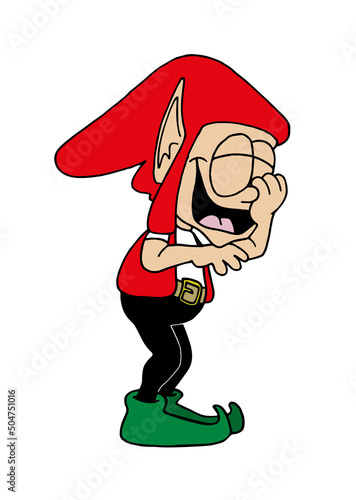Cute elf character standing and laughing. Cartoon hand drawn style vector illustration isolated on white background.