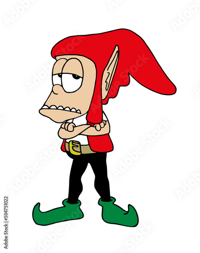 Cute red hat elf character standing with his arms crossed and gesturing with his mouth. Mocking. Funny cartoon hand drawn style vector illustration isolated on white background.