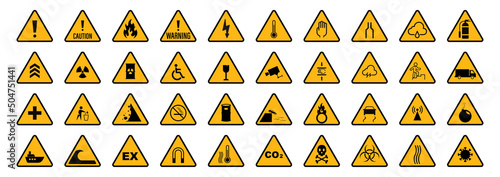 Set of triangle yellow warning sign. Vector, illustration
