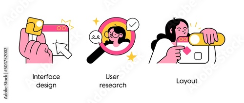 User interface development abstract concept vector illustration set. Interface design, user research, layout abstract metaphor.