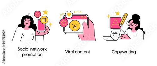 Building social media promotion marketing strategy - set of business concept illustrations. Social network promotion, viral content, copywriting. Visual stories collection.