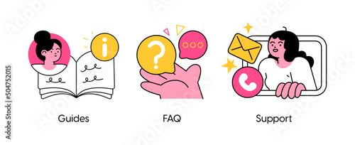 Website menu bar abstract concept vector illustration set. Guides, FAQ and support landing page sections abstract metaphor.