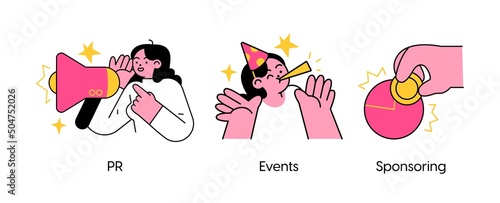 Company public relations - set of business concept illustrations. PR, Events, Sponsoring. Visual stories collection.
