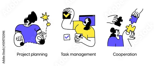 Business project management tools and phases - set of business concept illustrations. Project planning, task management, cooperation. Visual stories collection.
