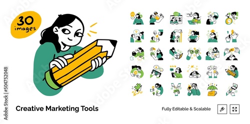 Business Marketing illustrations. Mega set. Collection of scenes with men and women taking part in business activities. Trendy vector style