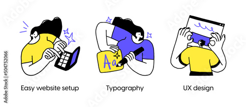 Web application development and design - set of abstract business concept illustrations. Website setup, typography, UX design. Visual stories collecction.