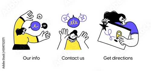 Customer loyalty and technical support web icons set. Our info, contact us, get directions. Visual stories collection