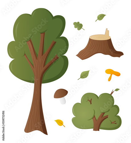 Tree bush and stump. Cartoon vector set of isolated elements.