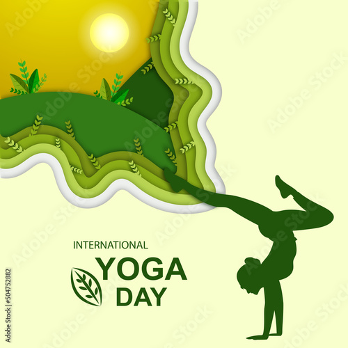 Beautiful origami paper cut concept art. International yoga day. Female yoga body posture.