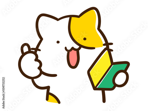 初心者マークを持っていいねするかわいいねこの手書き風イラスト