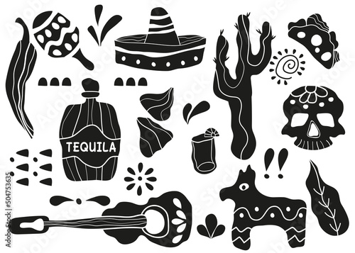 Mexican set. Vector Dia de Los Muertos. A set for celebrating the Day of the dead. Decorated skulls, flowers, skeleton, cactus, sombrero, tequila, guitar. The background of the vector illustration. 