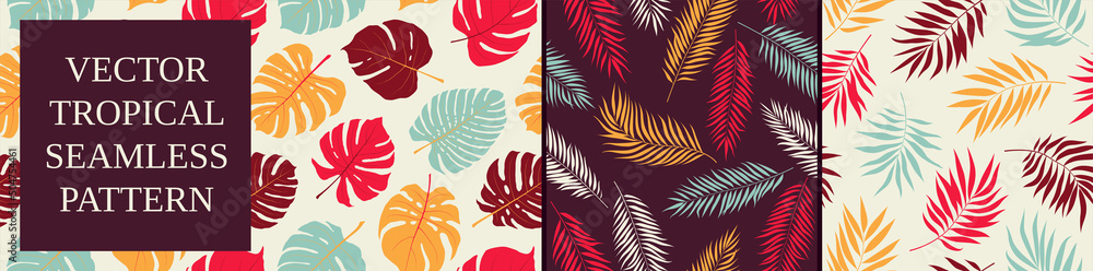 Set 10, Seamless pattern with colorful tropic and jungle leaves, branches and various plants on light background, vector trendy contemporary collage