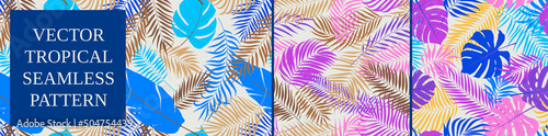 Set 8, Seamless patterns with tropical exotic palm, banana and monstera leaves, vector contemporary collage in blue and purple colors