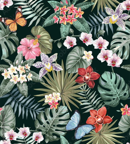 Tropical seamless pattern with palm leaves and exotic flowers. Floral summer design on a black background. Vector illustration.