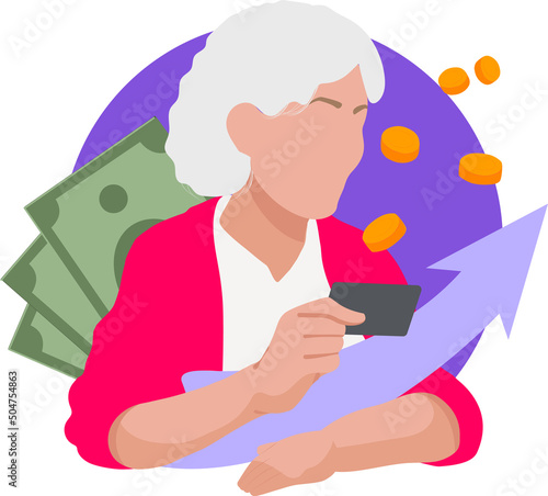 An elderly woman receives money on her payment card. Good investment for retirees. Passive income. Vector illustration