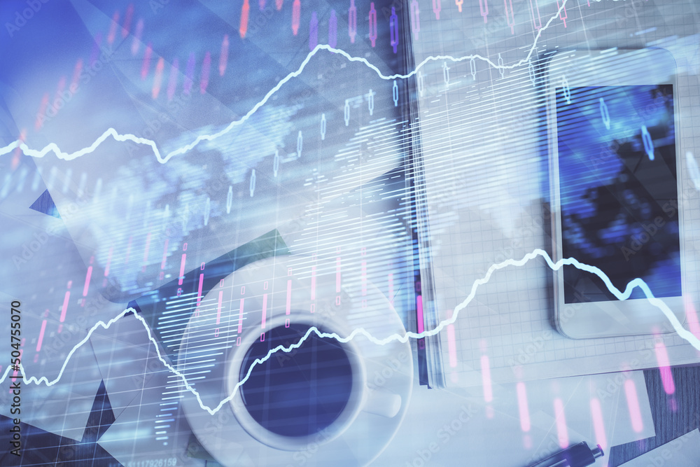 Multi exposure of forex graph hologram over desktop with phone. Top view. Mobile trade platform concept. Multi exposure of forex graph hologram over desktop with phone. Top view. Mobile trade platform concept.