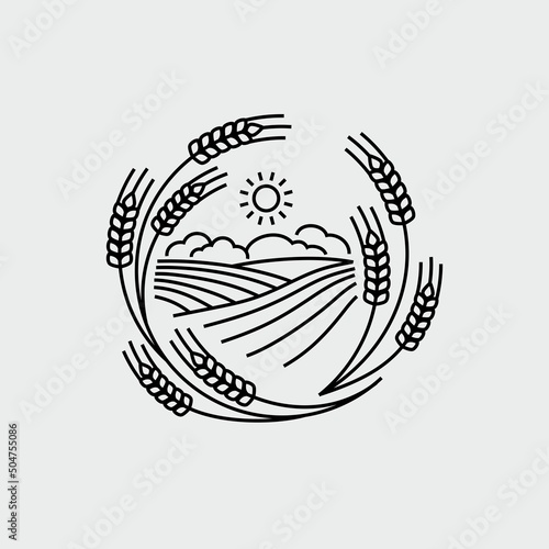 Farm Wheat Ears Field Round Label Badge Vector Line Icon