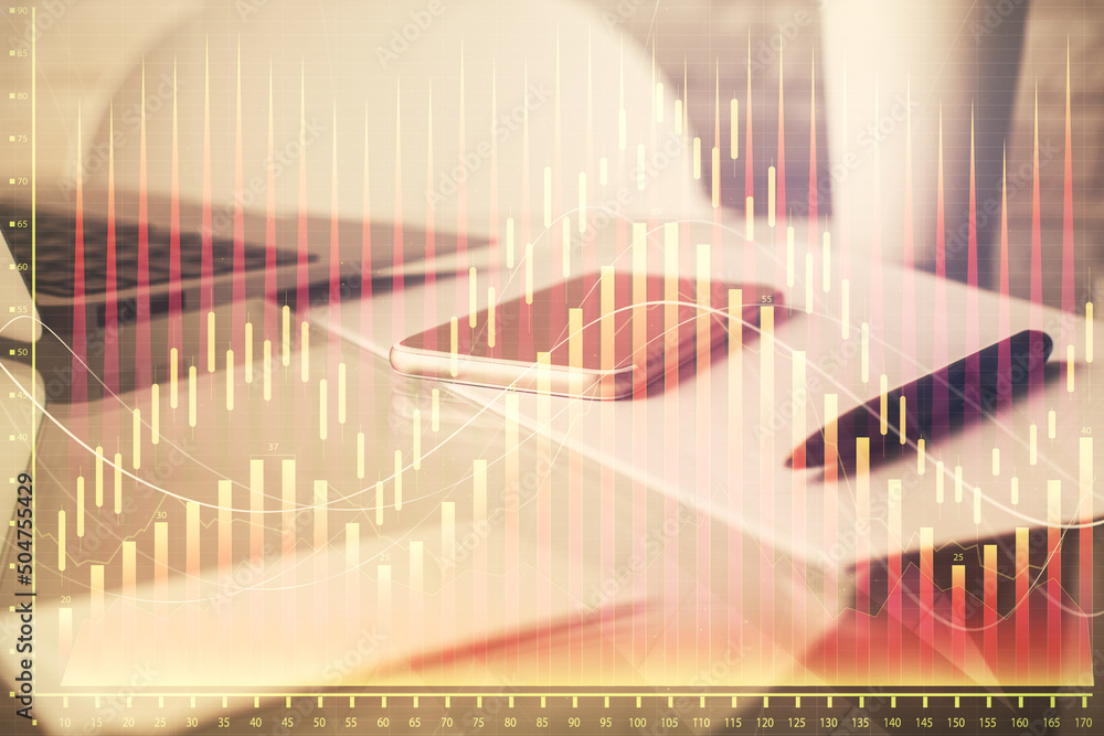 Double exposure of forex graph drawing and cell phone background. Concept of financial data analysis Double exposure of forex graph drawing and cell phone background. Concept of financial data analysis
