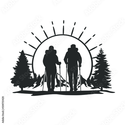 Hiking Couple Illustration Clip Art Design Shape. Mountains Silhouette Icon Vector.