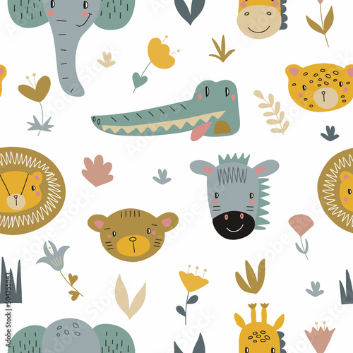 pattern with tropical animals and plants. Vector illustration on white background.