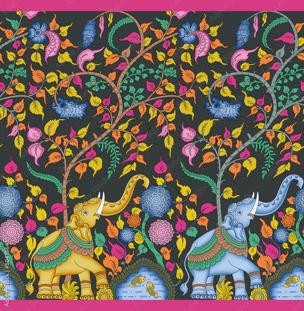 Elephant Floral Kalamkari Dupatta main image 0