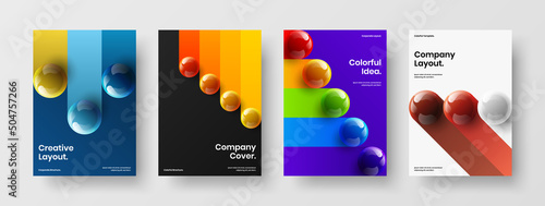 Original realistic spheres company brochure concept collection. Simple pamphlet A4 design vector layout composition.