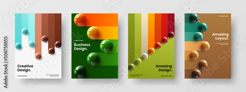 Fresh 3D balls poster layout composition. Trendy company brochure A4 vector design template set.