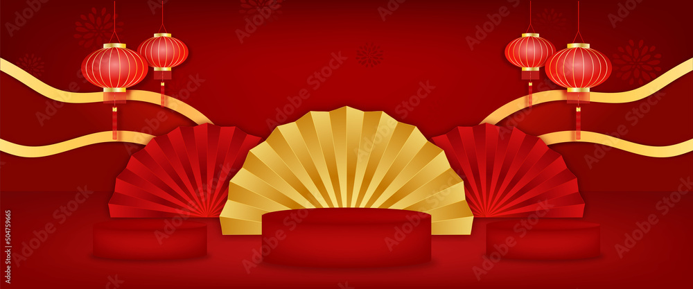 Banner Happy chinese new year with composition empty cylinder podium for product cosmetic & abstract background asia element of vector.