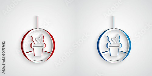 Paper cut Plant in hanging pot icon isolated on grey background. Decorative macrame handmade hangers for flower pot, hang indoor plants. Paper art style. Vector