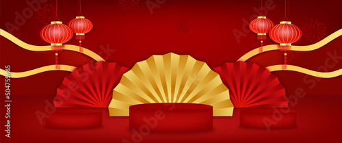 Banner Happy chinese new year with composition empty cylinder podium for product cosmetic   abstract background asia element of vector.